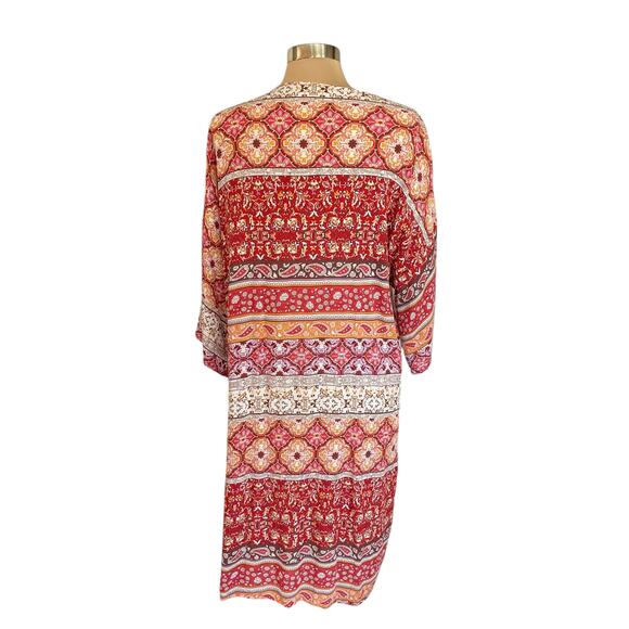 Rikka Orange Red Paisley & Morocan Print Long Line Kimono Cover One Size Gauzy - Picture 2 of 7